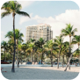 A serene beach scene featuring palm trees with a building visible in the background