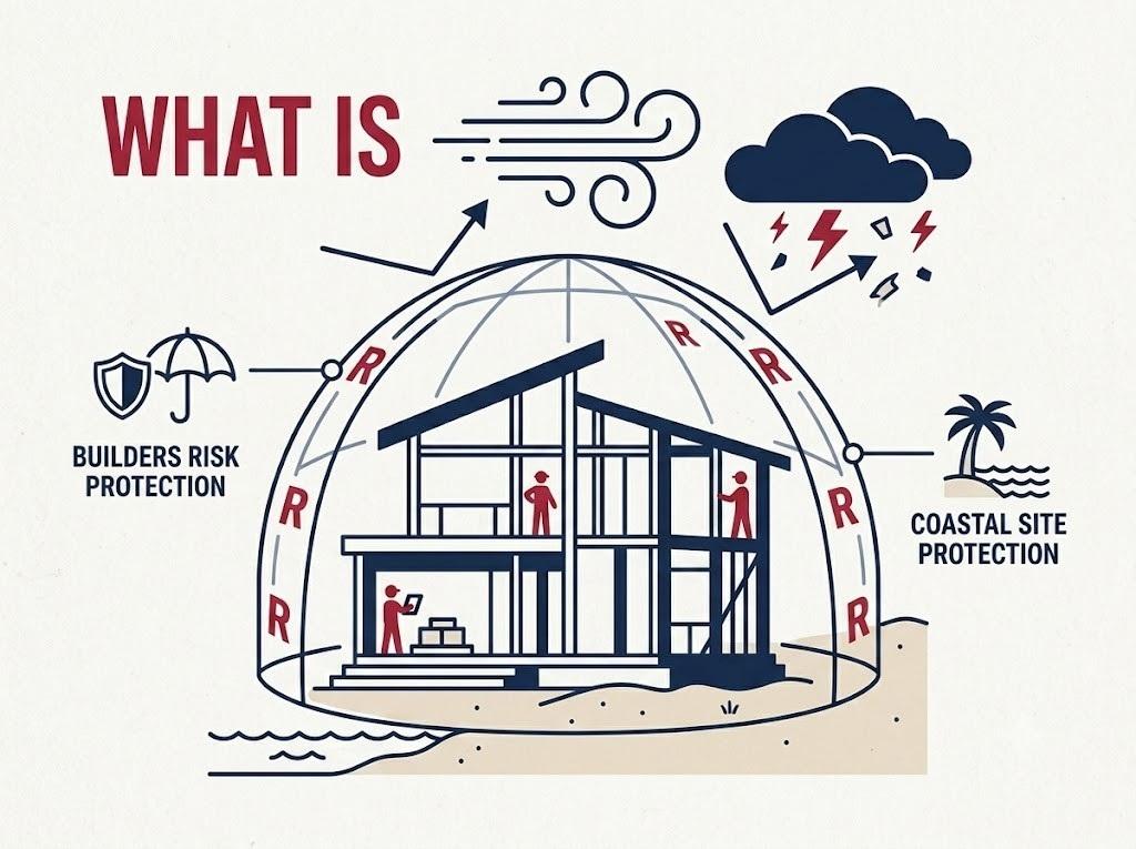 A conceptual infographic showing a multi-story coastal building under construction protected by a large transparent shield dome near a shoreline, surrounded by clean line icons representing sustainable energy, water management, and emergency response, with no text
