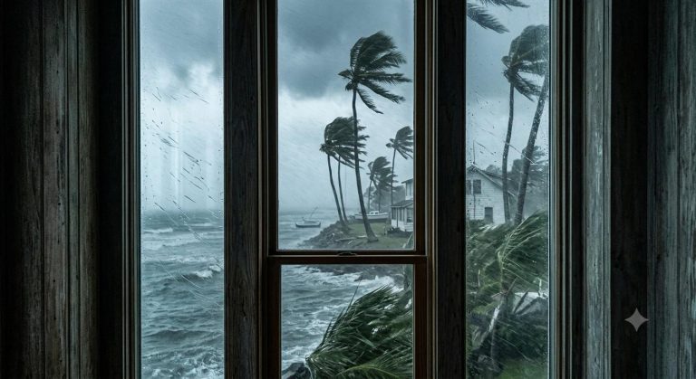 A coastal house and palm trees bending under severe winds during a hurricane storm seen through a window